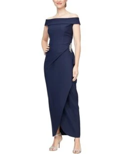 Alex Evenings Long Compression Off-the-Shoulder Dress with Hip Embellishment | Dresses