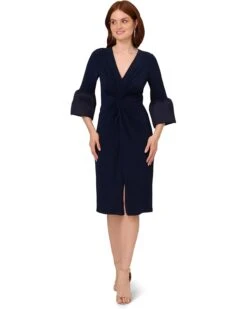 Adrianna Papell Stretch Jersey Twist Front Dress with Taffetta Bell Sleeve | Dresses