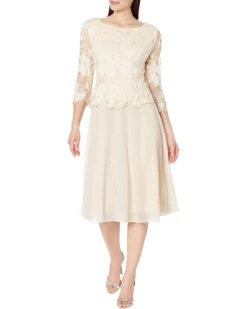 Alex Evenings Tea Length Embroidered Dress with Illusion Sleeve and Scallop Detail Full Skirt | Dresses