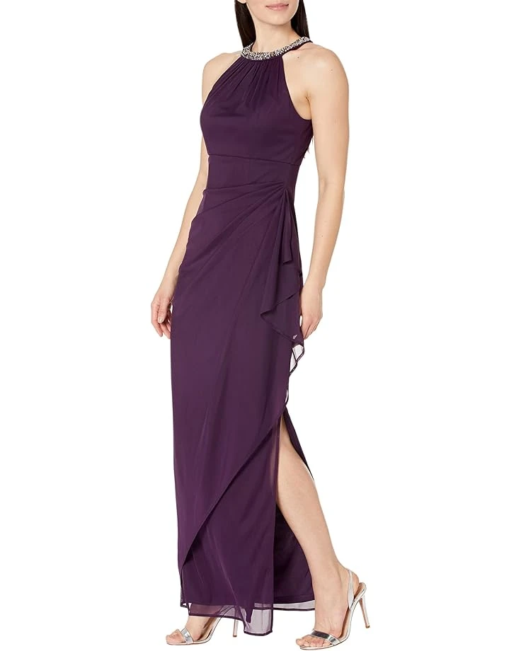 Alex Evenings Beaded Halter Long Gown with Side Ruching | Dresses 1 Alex Evenings Beaded Halter Long Gown with Side Ruching | Dresses