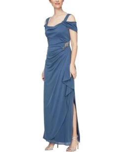 Alex Evenings Long Cold Shoulder Dress with Cowl Neckline | Dresses