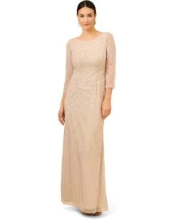 Adrianna Papell Long Sleeve Beaded Long Gown with Starburst Bead Pattern | Dresses