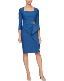 Alex Evenings Short Compression Dress with 3/4 Sleeves and Hip Embellishment | Dresses