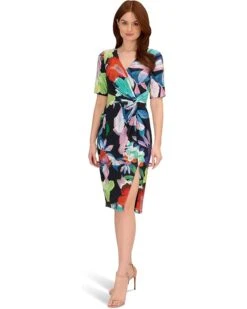 Adrianna Papell Printed Stretch Crepe Chiffon Short Sleeve Side Wrap Dress | Dresses