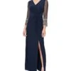 Alex Evenings Long Surplice Neckline Dress w/ Embellished Illusion Sleeves, Knot Front | Dresses