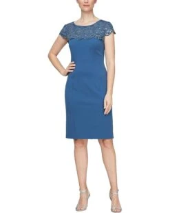 Alex Evenings Short Sheath Dress with Embroidered Illusion Neckline | Dresses