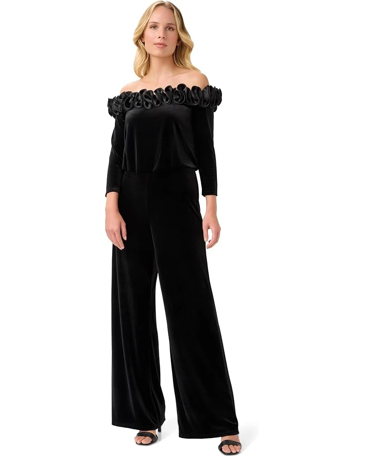 Adrianna Papell Off-the-Shoulder Stretch Velvet Blouson Jumpsuit with Rosette Detail | Jumpsuits & Rompers 1 Adrianna Papell Off-the-Shoulder Stretch Velvet Blouson Jumpsuit with Rosette Detail | Jumpsuits & Rompers