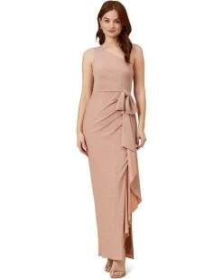 Adrianna Papell Long Stretch Metallic Knit One Shoulder Cascade Side Draped Gown | Dresses