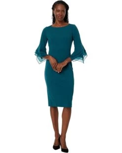Adrianna Papell Stretch Knit Crepe Sheath Dress with Tiered Organza Bell Sleeve | Dresses