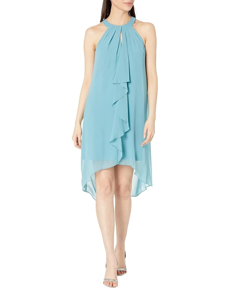 Adrianna Papell Stretch Jersey Halter Neck Dress with Chiffon Ruffle Overlay | Dresses 1 Adrianna Papell Stretch Jersey Halter Neck Dress with Chiffon Ruffle Overlay | Dresses