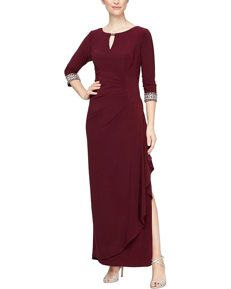 Alex Evenings Long A-Line Dress with Embellished Sleeves and Neckline | Dresses 1 Alex Evenings Long A-Line Dress with Embellished Sleeves and Neckline | Dresses