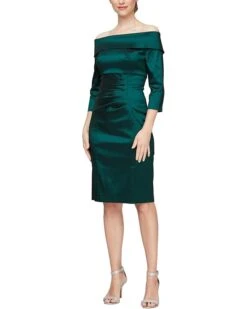 Alex Evenings Short Off The Shoulder Taffeta Dress with Ruched Waist Detail | Dresses