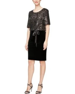 Alex Evenings Short Blouson Dress with Sequins Bodice and Velvet Slim Skirt | Dresses