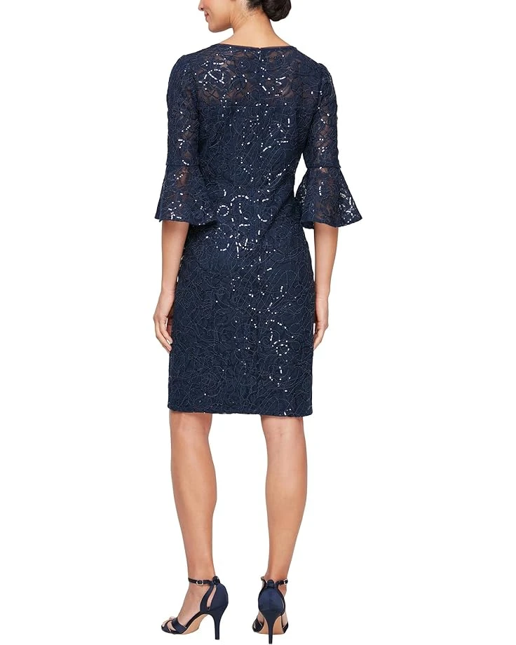 Alex Evenings Short Corded Lace Sheath Dress with Illusion Neckline and Bell Sleeves | Dresses 2 Alex Evenings Short Corded Lace Sheath Dress with Illusion Neckline and Bell Sleeves | Dresses - Image 2