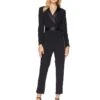 Adrianna Papell Knit Crepe Wrap Top Jumpsuit with Long Sleeves, Slim Pants, and Stretch Charmeuse Collar | Jumpsuits & Rompers