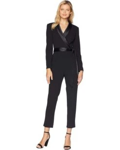 Adrianna Papell Knit Crepe Wrap Top Jumpsuit with Long Sleeves, Slim Pants, and Stretch Charmeuse Collar | Jumpsuits & Rompers