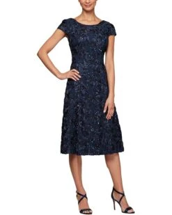 Alex Evenings Tea Length A-Line Rosette Dress | Dresses
