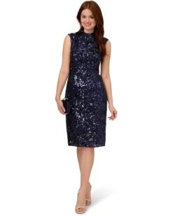 Adrianna Papell Stretch Sequin & Lace Mock Neck Cocktail Dress | Dresses