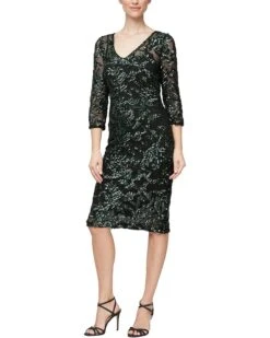 Alex Evenings Short V-Neck Sheath Dress with Illusion Neckline and 3/4 Sleeves | Dresses