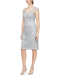 Alex Evenings Short Embroidered Dress with Illusion Neckline | Dresses
