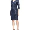 Alex Evenings Short Sheath Sequin Dress with Knot Front Detail and 3/4 Sleeves | Dresses