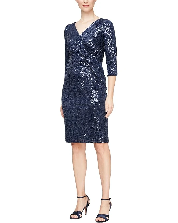 Alex Evenings Short Sheath Sequin Dress with Knot Front Detail and 3/4 Sleeves | Dresses 1 Alex Evenings Short Sheath Sequin Dress with Knot Front Detail and 3/4 Sleeves | Dresses