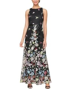 Alex Evenings Long Embroidered A-Line Dress with Satin Tie Belt | Dresses