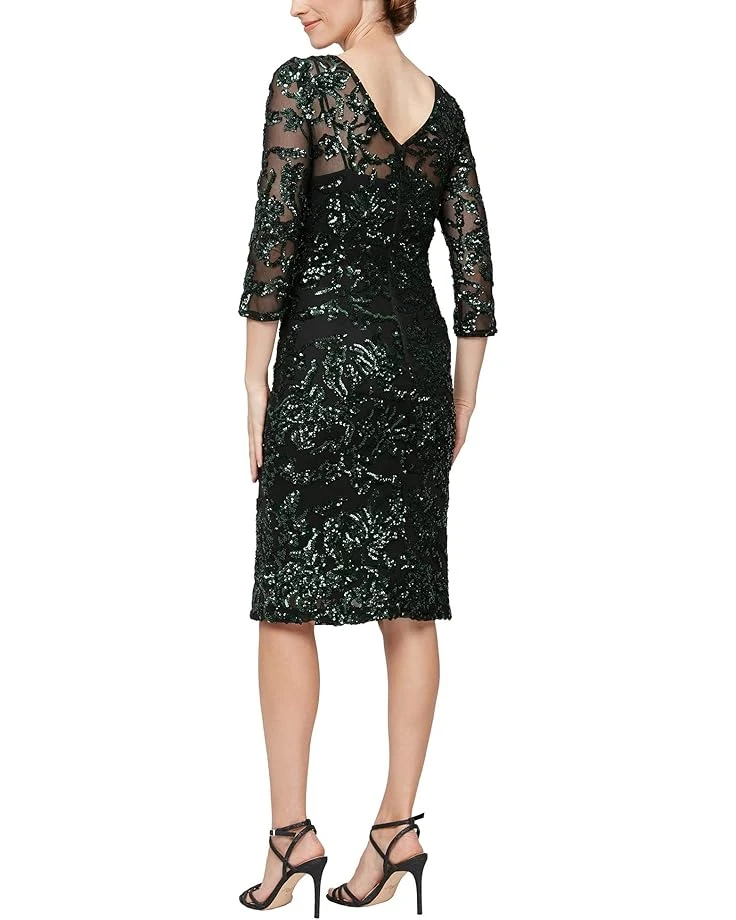 Alex Evenings Short V-Neck Sheath Dress with Illusion Neckline and 3/4 Sleeves | Dresses 2 Alex Evenings Short V-Neck Sheath Dress with Illusion Neckline and 3/4 Sleeves | Dresses - Image 2
