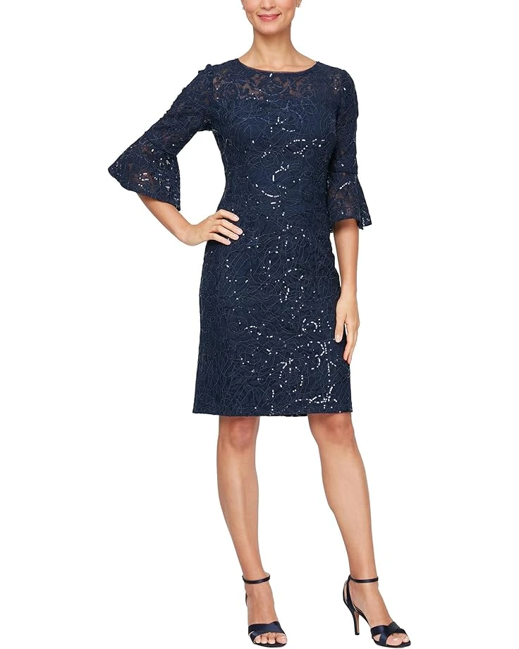 Alex Evenings Short Corded Lace Sheath Dress with Illusion Neckline and Bell Sleeves | Dresses 1 Alex Evenings Short Corded Lace Sheath Dress with Illusion Neckline and Bell Sleeves | Dresses