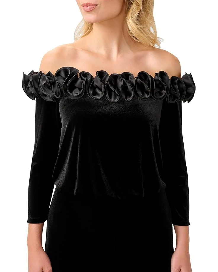 Adrianna Papell Off-the-Shoulder Stretch Velvet Blouson Jumpsuit with Rosette Detail | Jumpsuits & Rompers 3 Adrianna Papell Off-the-Shoulder Stretch Velvet Blouson Jumpsuit with Rosette Detail | Jumpsuits & Rompers - Image 3