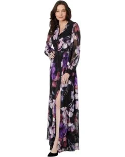 Adrianna Papell Printed Floral Long Sleeve Shirt Dress Gown | Dresses