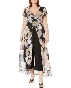 Adrianna Papell Stretch Crepe Jumpsuit with Printed Chiffon Walk Thru Jumpsuit | Jumpsuits & Rompers