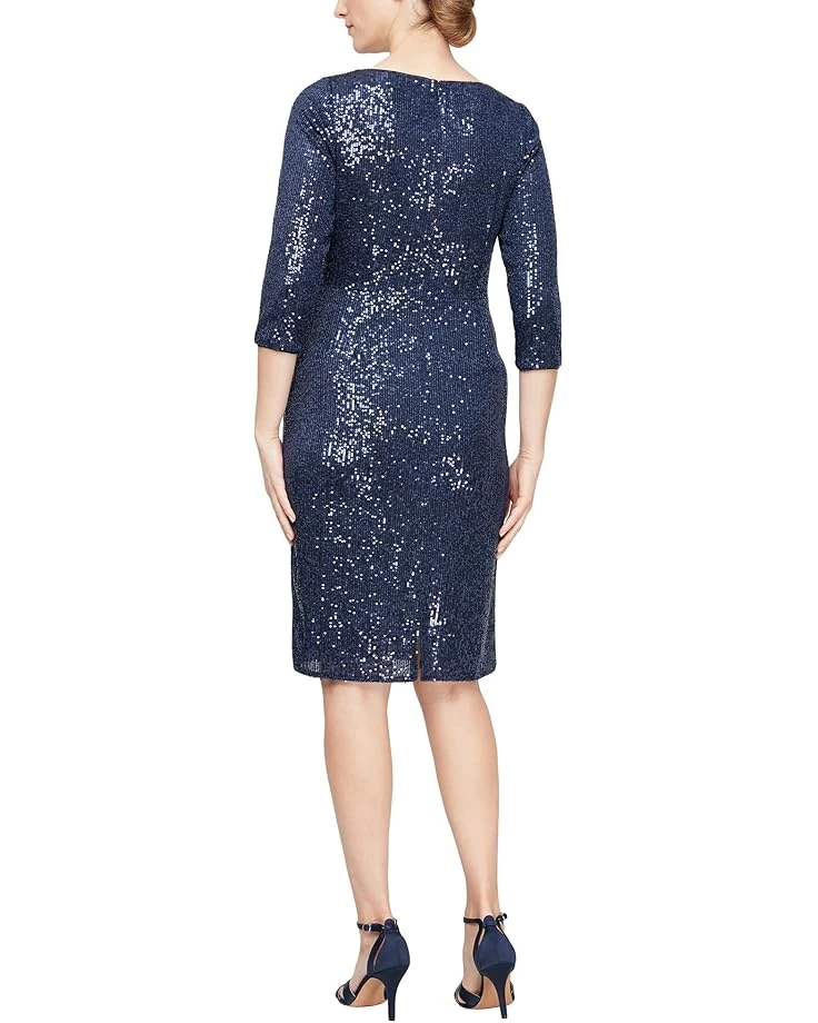 Alex Evenings Short Sheath Sequin Dress with Knot Front Detail and 3/4 Sleeves | Dresses 2 Alex Evenings Short Sheath Sequin Dress with Knot Front Detail and 3/4 Sleeves | Dresses - Image 2