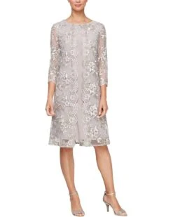Alex Evenings Short Embroidered Mock Dress with Illusion Sleeves | Dresses