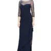 Alex Evenings Long Illusion 3/4'' Sleeve Side Ruched Dress w/ Embellished Neckline | Dresses
