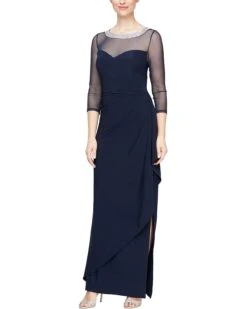 Alex Evenings Long Illusion 3/4'' Sleeve Side Ruched Dress w/ Embellished Neckline | Dresses