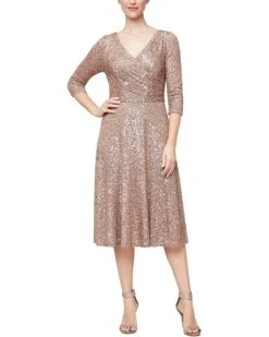 Alex Evenings Midi Length A-Line Dress with Surplice Neckline and 3/4 Sleeves | Dresses