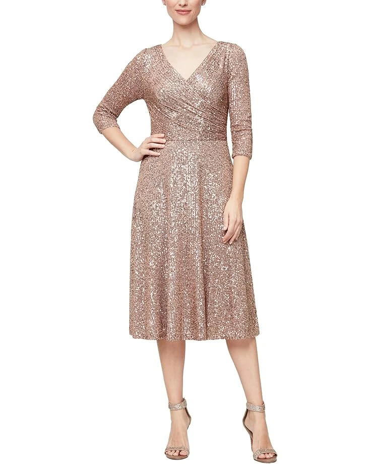 Alex Evenings Midi Length A-Line Dress with Surplice Neckline and 3/4 Sleeves | Dresses 1 Alex Evenings Midi Length A-Line Dress with Surplice Neckline and 3/4 Sleeves | Dresses