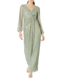 Adrianna Papell Long Sleeve Crinkle Metallic Gown with Draped Waist Detail | Dresses