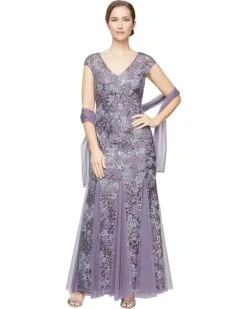 Alex Evenings Long Embroidered Fit-and-Flare Dress with Godet Detail Skirt and Shawl | Dresses