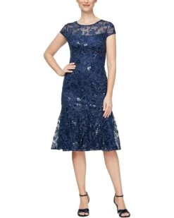 Alex Evenings Short Embroidered Dress with Flounce Detail Skirt and Cap Sleeves | Dresses