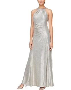 Alex Evenings Metallic Knit Long Halter Neck Dress with Ruched Waist | Dresses