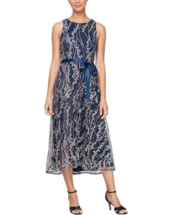 Alex Evenings Midi Length Embroidered Dress with Satin Tie Belt | Dresses