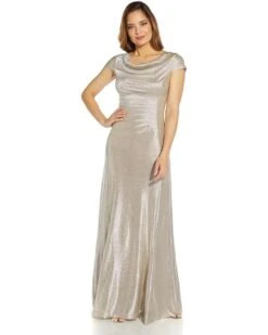 Adrianna Papell Metallic Knit Drape Neck Gown | Dresses