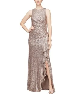 Alex Evenings Long Sequins Dress with Cascade Ruffle | Dresses