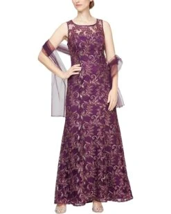 Alex Evenings Long Embroidered Gown with Sweetheart Illusion Neckline and Chiffon Shawl | Dresses